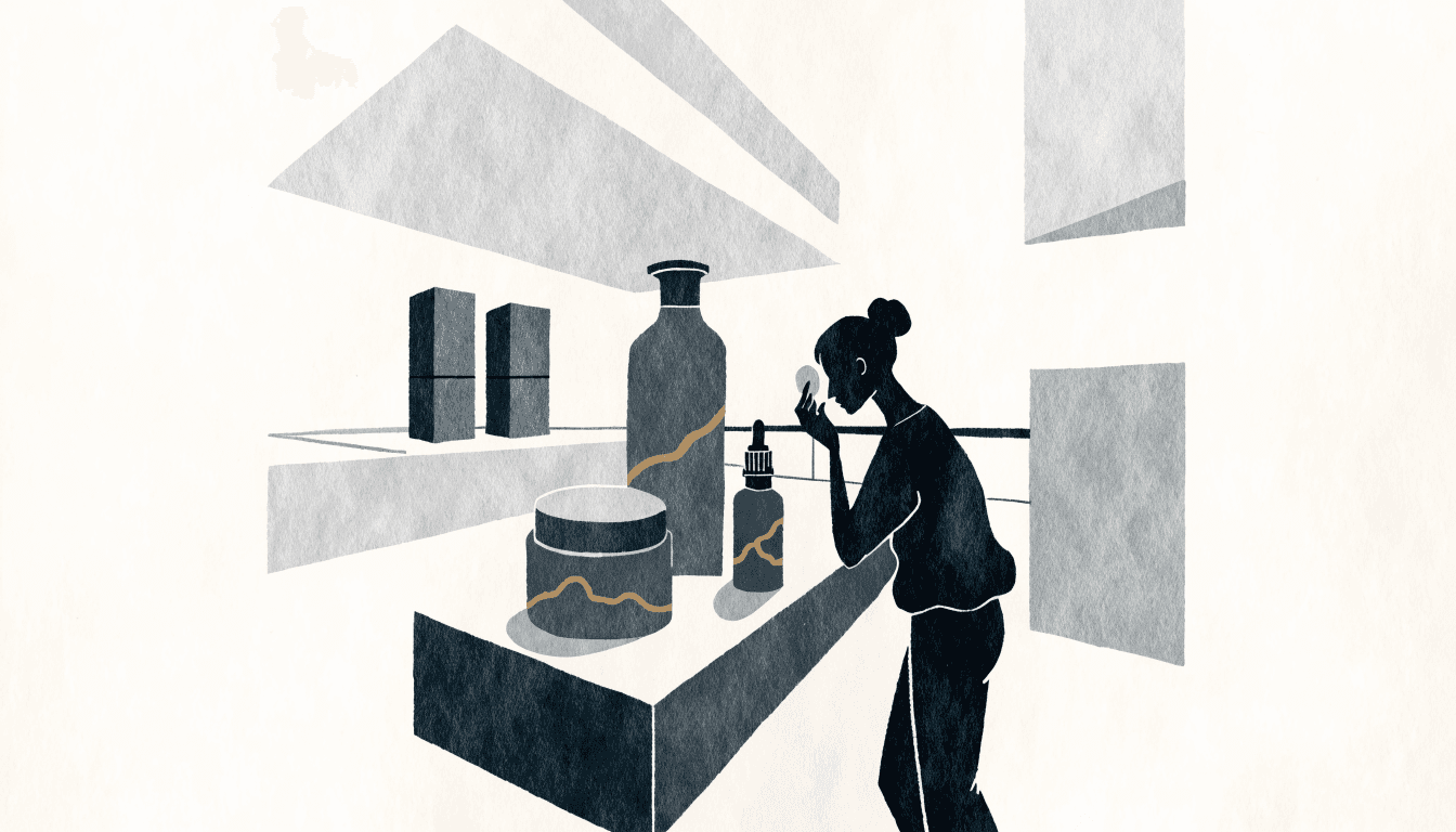 A calm illustration of a premium skincare counter, with a silhouette figure testing a product beside bottles marked with a gold kintsugi-style seam.