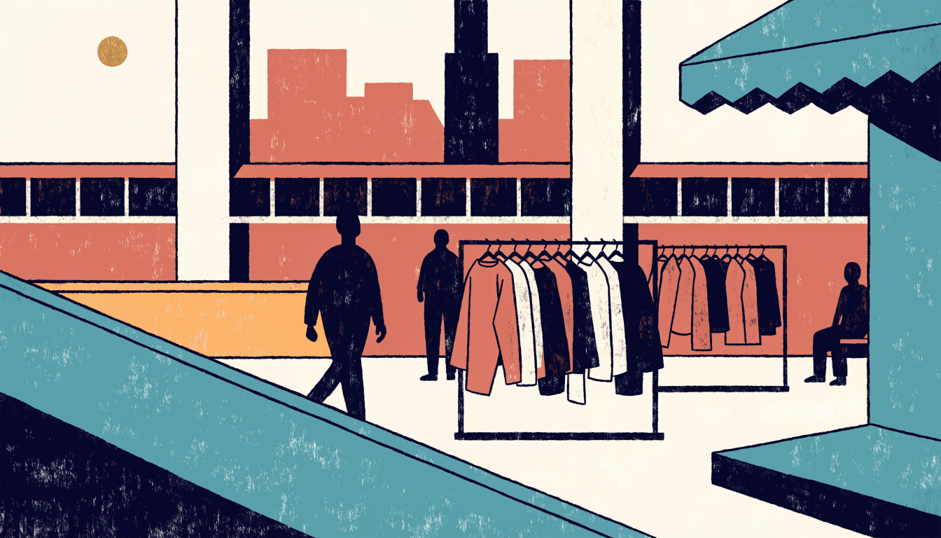 Illustration of a renovated casual-apparel storefront inside a suburban Japanese shopping centre