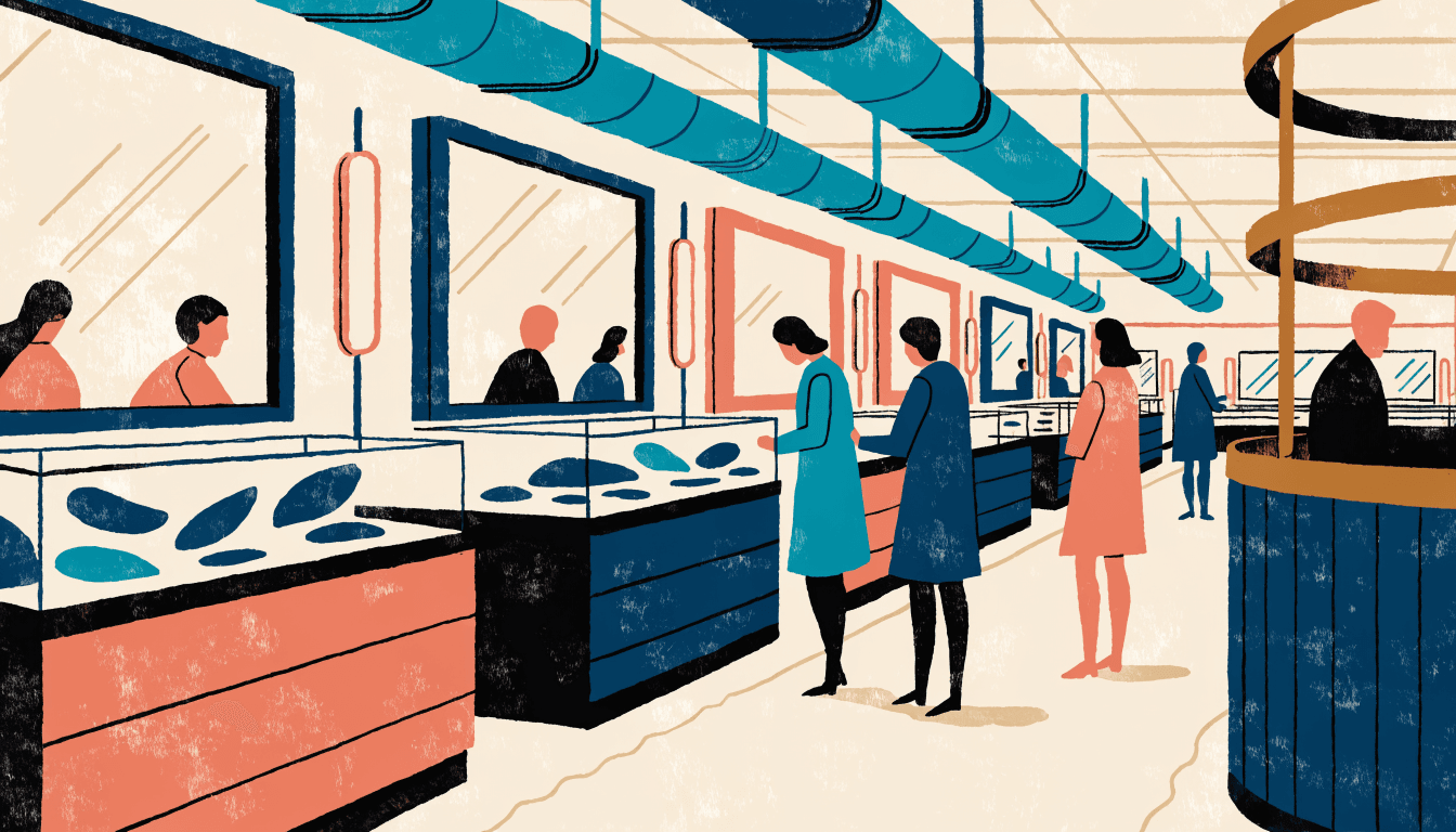 Illustration of a bright department-store cosmetics floor with counters and mirrors