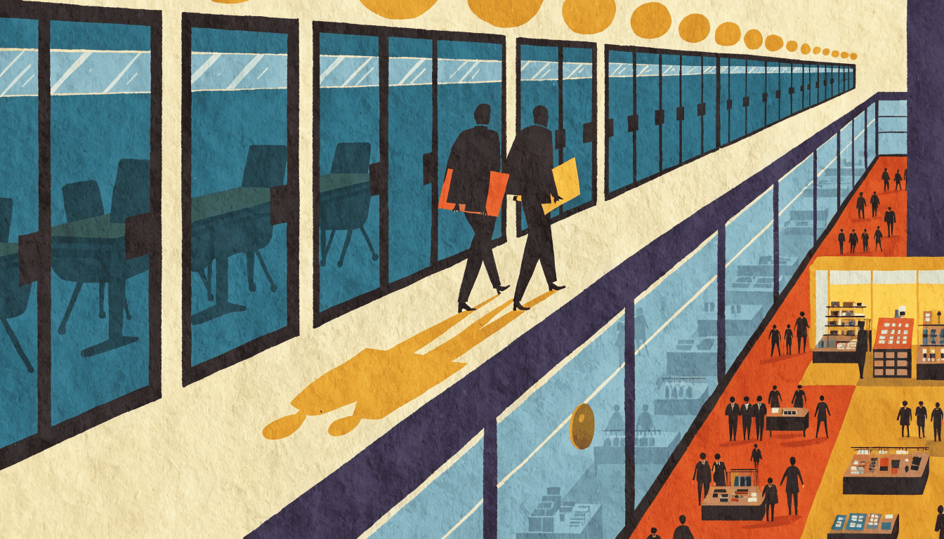 Illustration of two figures walking a glass-walled executive corridor above a busy department-store sales floor