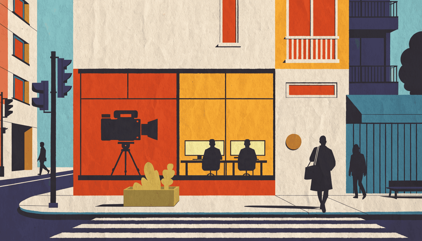 Flat-vector illustration of a small video-production studio storefront on a Tokyo street at dusk, a camera on a tripod visible in one window and two silhouetted figures at editing desks in another, pedestrians passing outside.