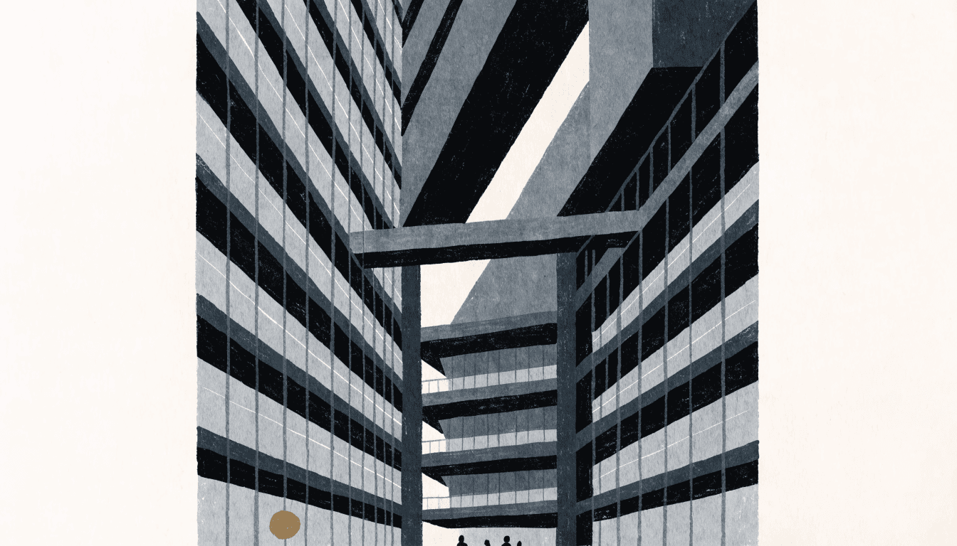 Near-monochrome illustration of a soaring glass office tower atrium seen from below, with a skybridge and tiny silhouette figures in the lobby