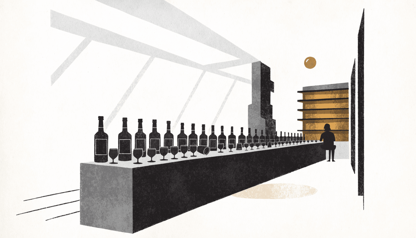 An editorial illustration of a whisky bottle and glass on a warm amber-lit bar counter, with a subtle rising line suggesting sales growth set against a separate falling line suggesting profit decline, muted amber and paper tones, no text or logos.