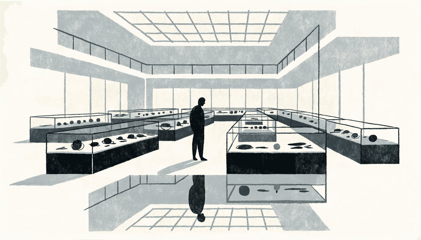 Illustration of a calm Japanese department-store watch and jewellery salon, glass display cases under a skylight, a lone figure browsing