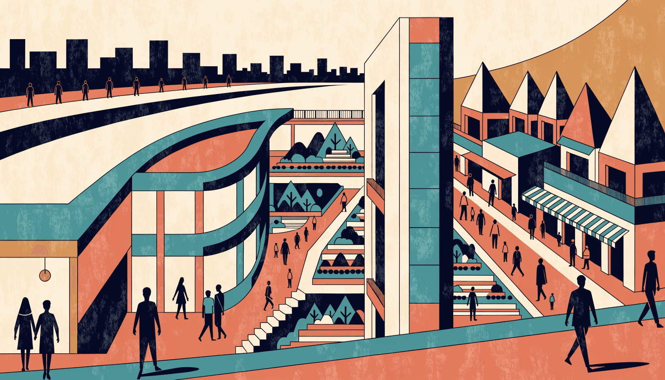 Editorial illustration of an expanding riverside retail district, with landscaped mountain-and-forest terraces linking boutique pavilions