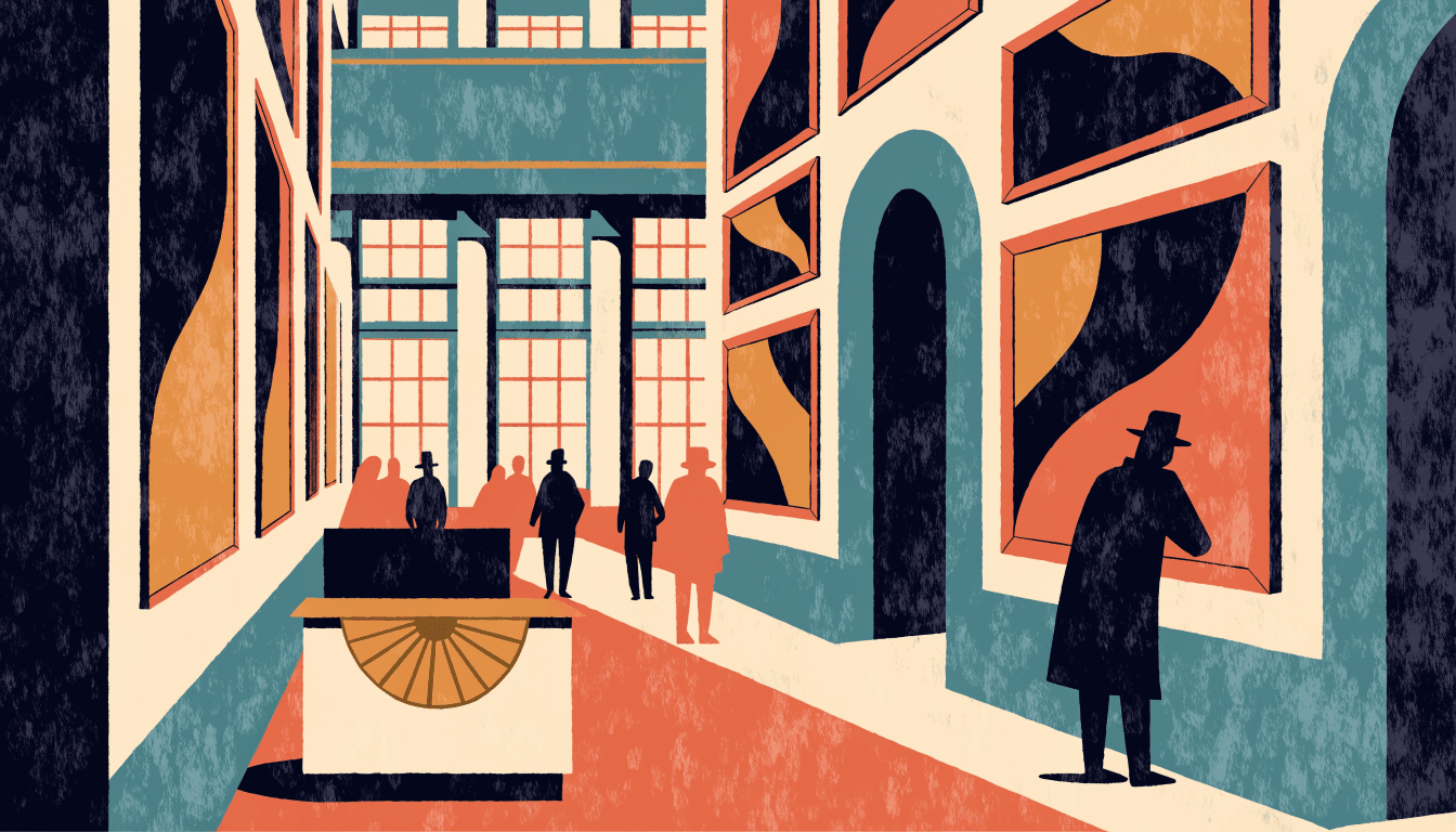 Editorial illustration of a grand department-store gallery hall with tall walls of framed artworks, a silhouette visitor studying a painting and a small admission desk.