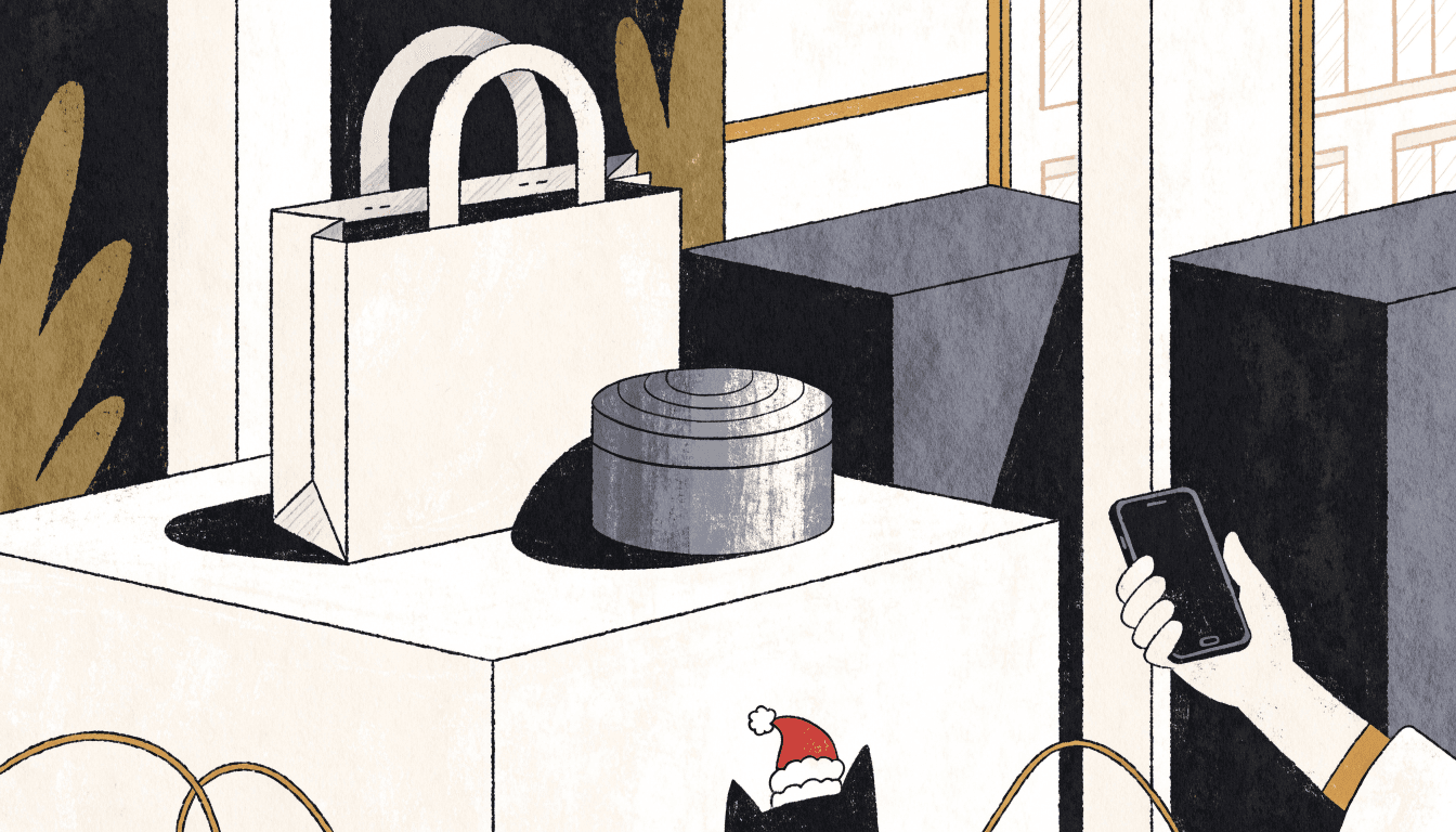 Flat editorial illustration of a tote bag and a round chocolate tin on a gift counter, a cat in a santa hat, and a shopper holding a smartphone.
