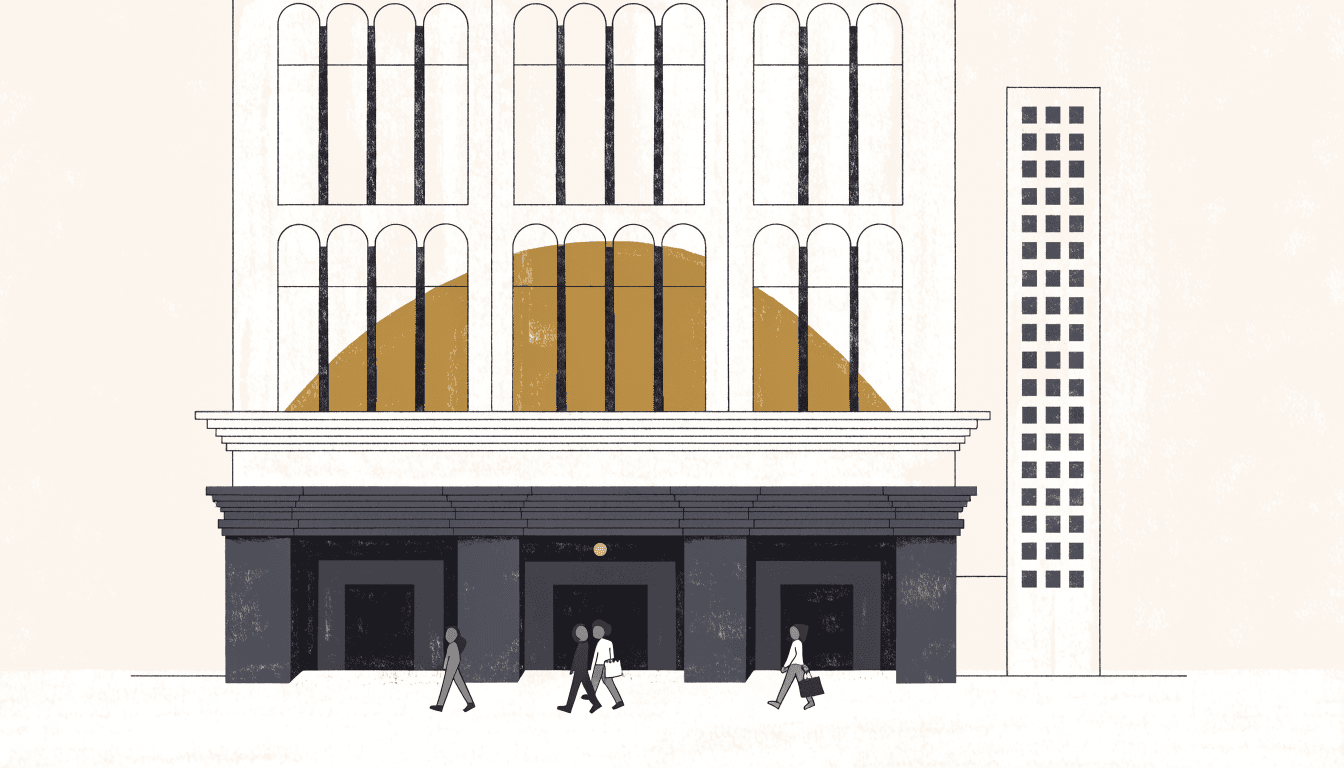 Flat editorial illustration of a department-store facade with tall arched windows, a slim office tower beside it, and shoppers with bags at the entrance.