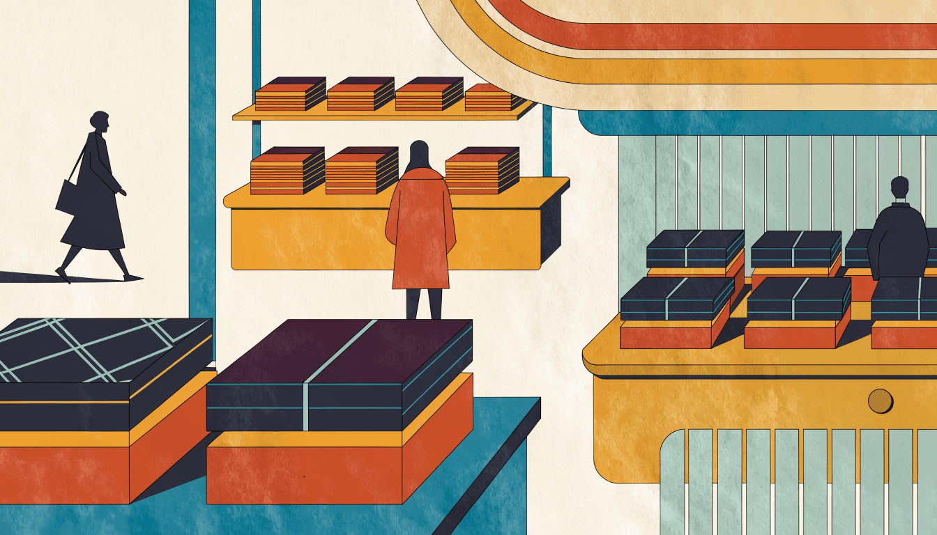 Illustration of a department-store gift-food hall with tiered New Year gift boxes displayed on counters.