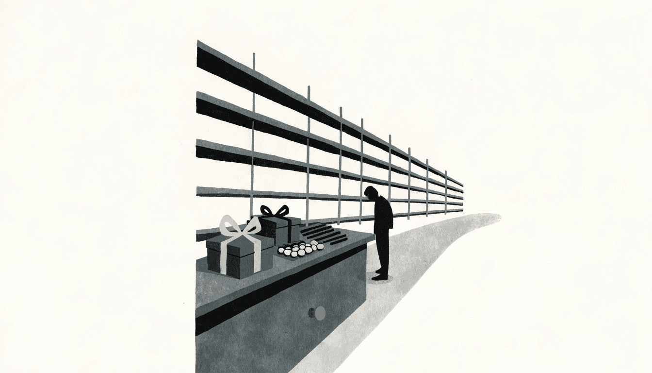 A small gift and confectionery counter with wrapped boxes arranged under soft light, a long view toward empty shelving beyond, one silhouette figure browsing