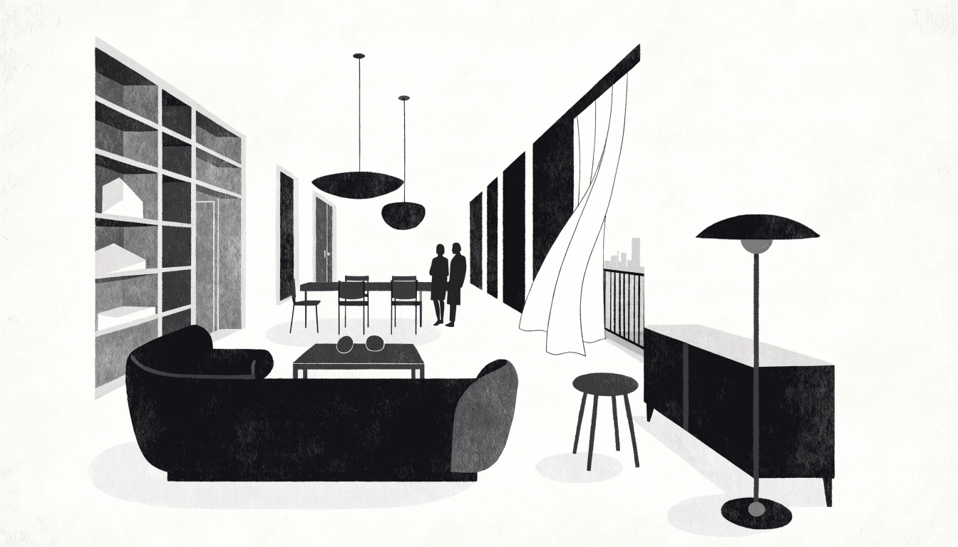 Near-monochrome flat-vector illustration of a calm, high-ceilinged luxury apartment living room, with layered furniture and two silhouetted figures standing by a curtained window overlooking a city view.