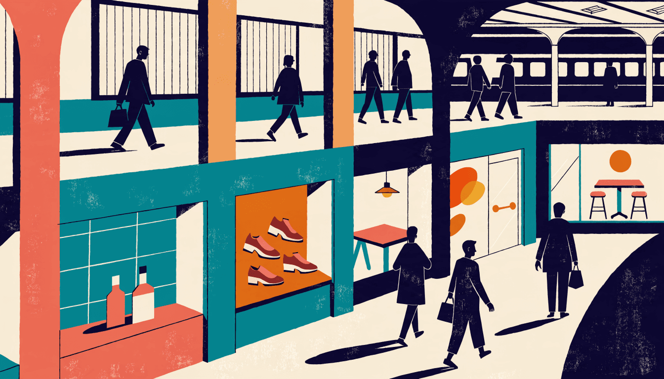 Editorial illustration of shoppers walking past new storefronts in a station-connected shopping mall corridor