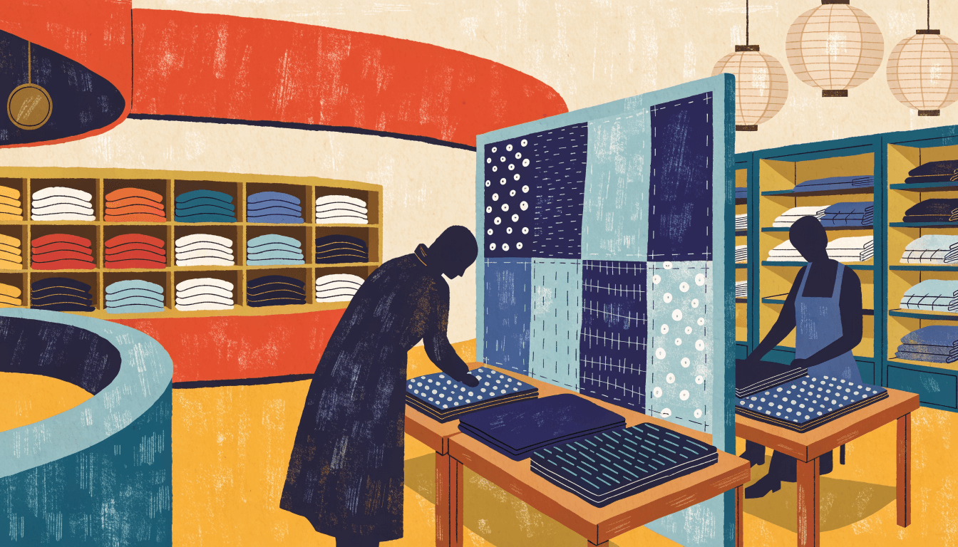 Illustration of a department store's kimono floor set up for a hand-stitched sashiko and boro textile exhibition, with silhouette figures examining fabric panels
