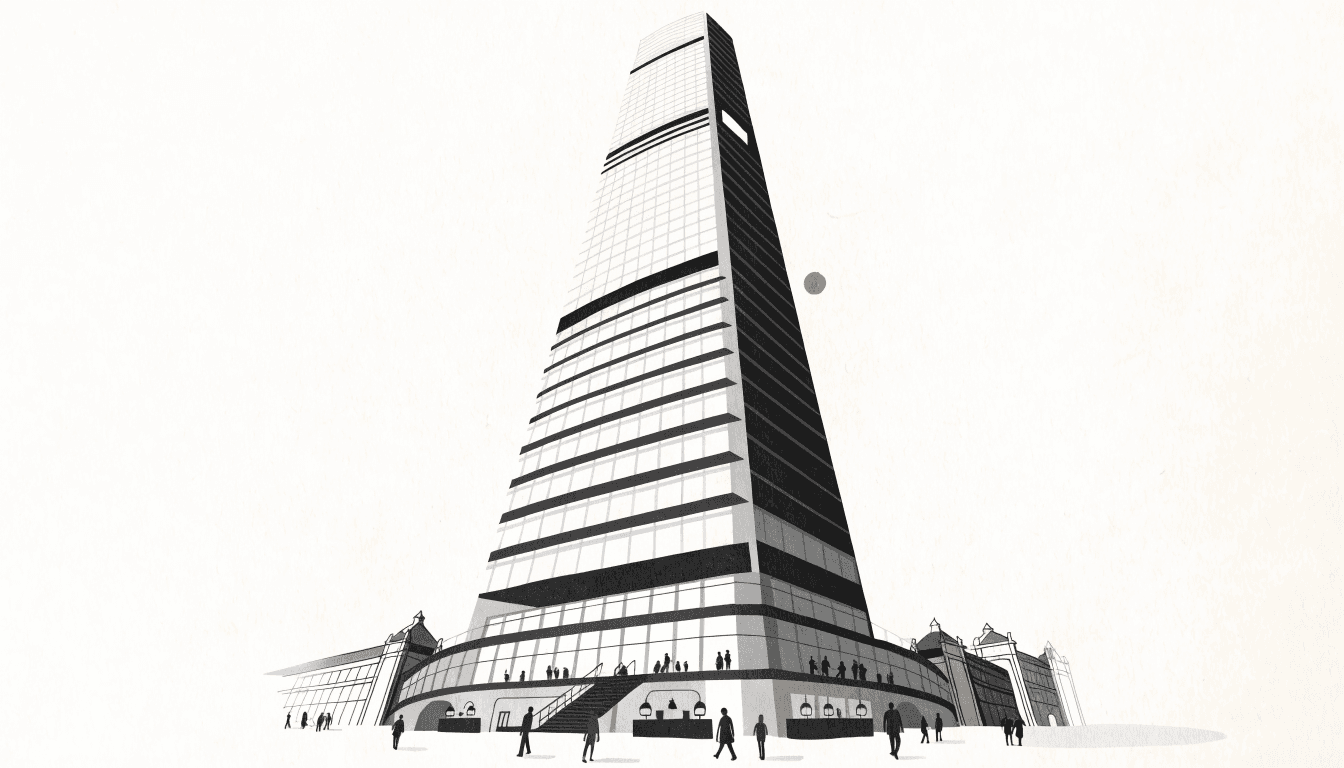 Editorial illustration of a supertall glass tower rising above a low station concourse, with small silhouette figures gathered around dining counters at its base and a single brass accent in the sky.