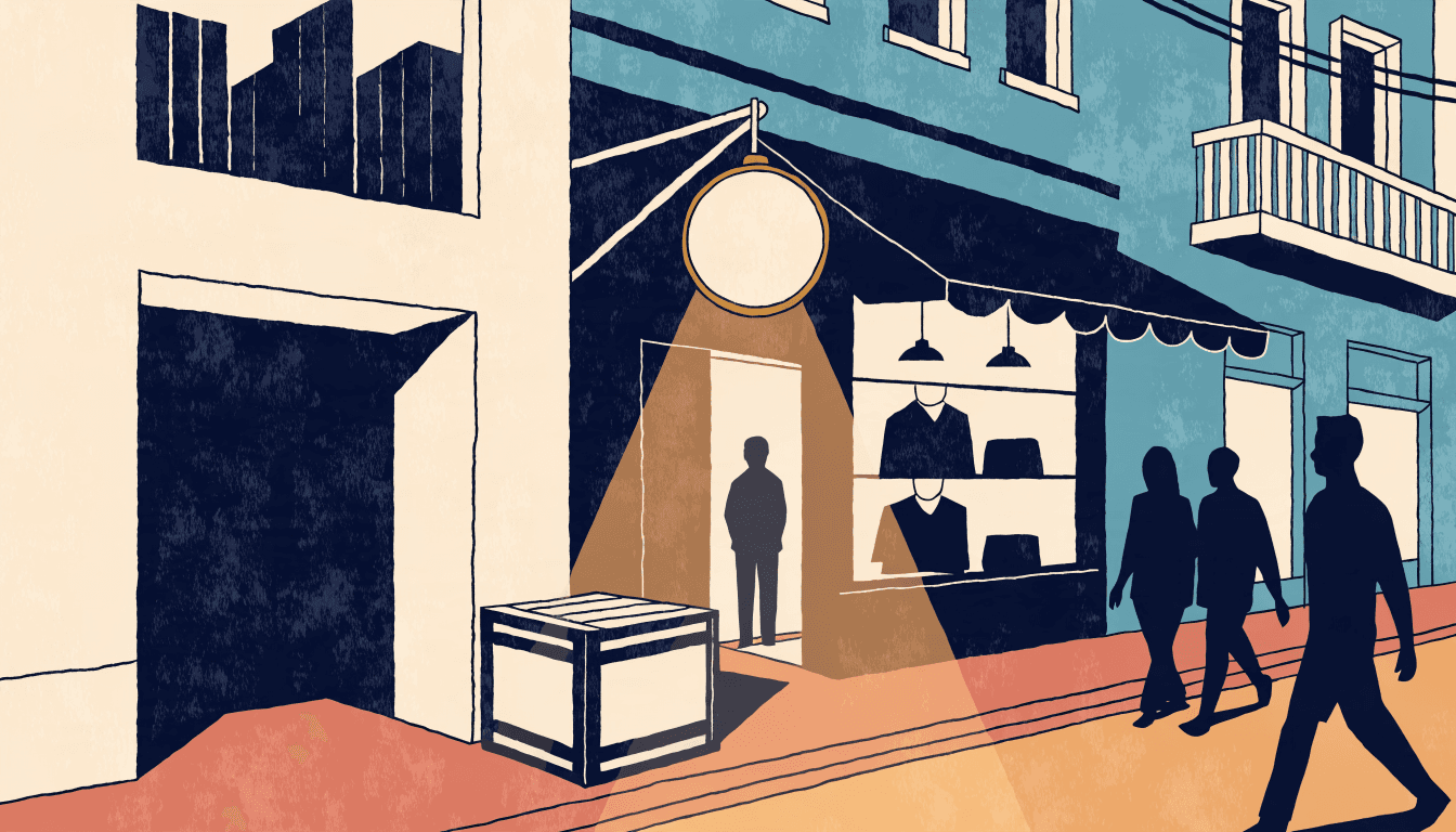 Editorial illustration of a compact fashion storefront on a lively Asian shopping street at dusk, a shipping crate outside, silhouette figures passing by.