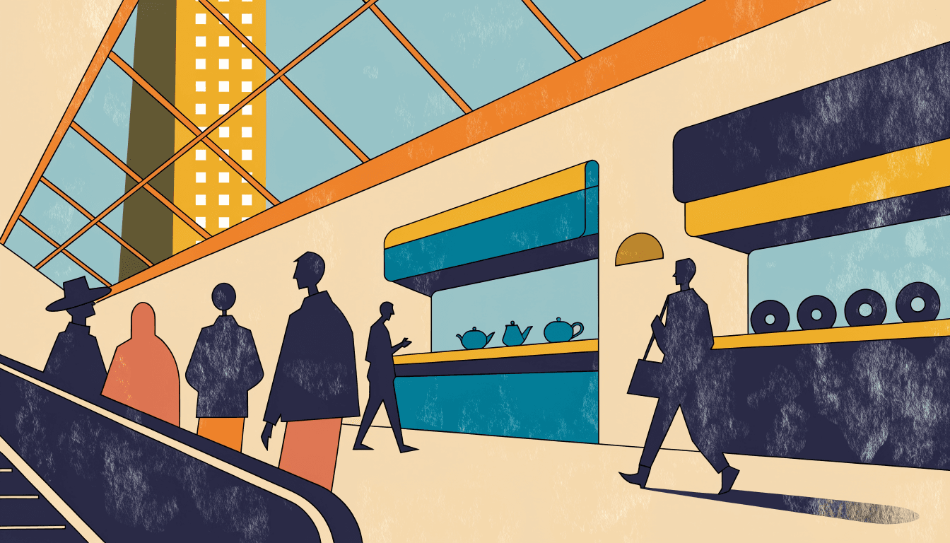 Illustration of a shopping-mall corridor beneath a tall tower seen through a skylight, a tea counter and a doughnut counter side by side, silhouette shoppers strolling past.