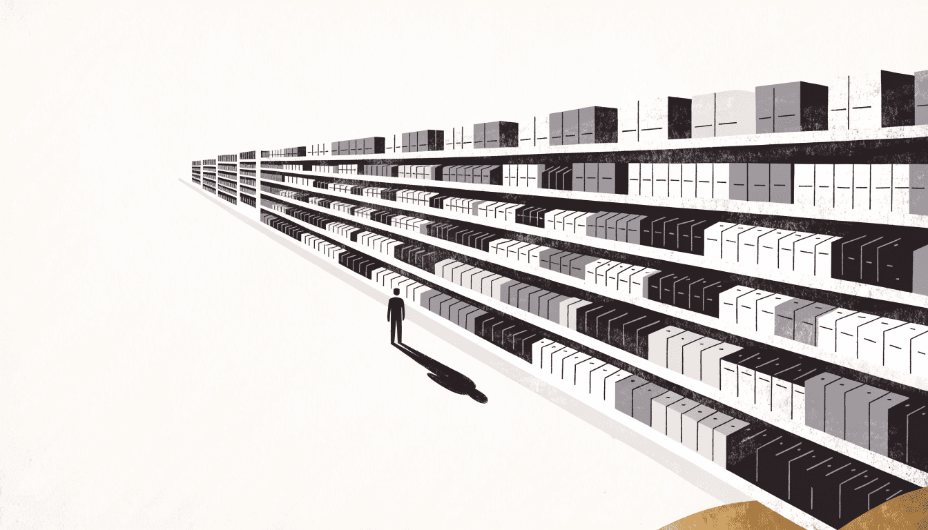 Editorial illustration of neatly stocked drugstore shelves with simple own-brand packaging in health, beauty and household categories.
