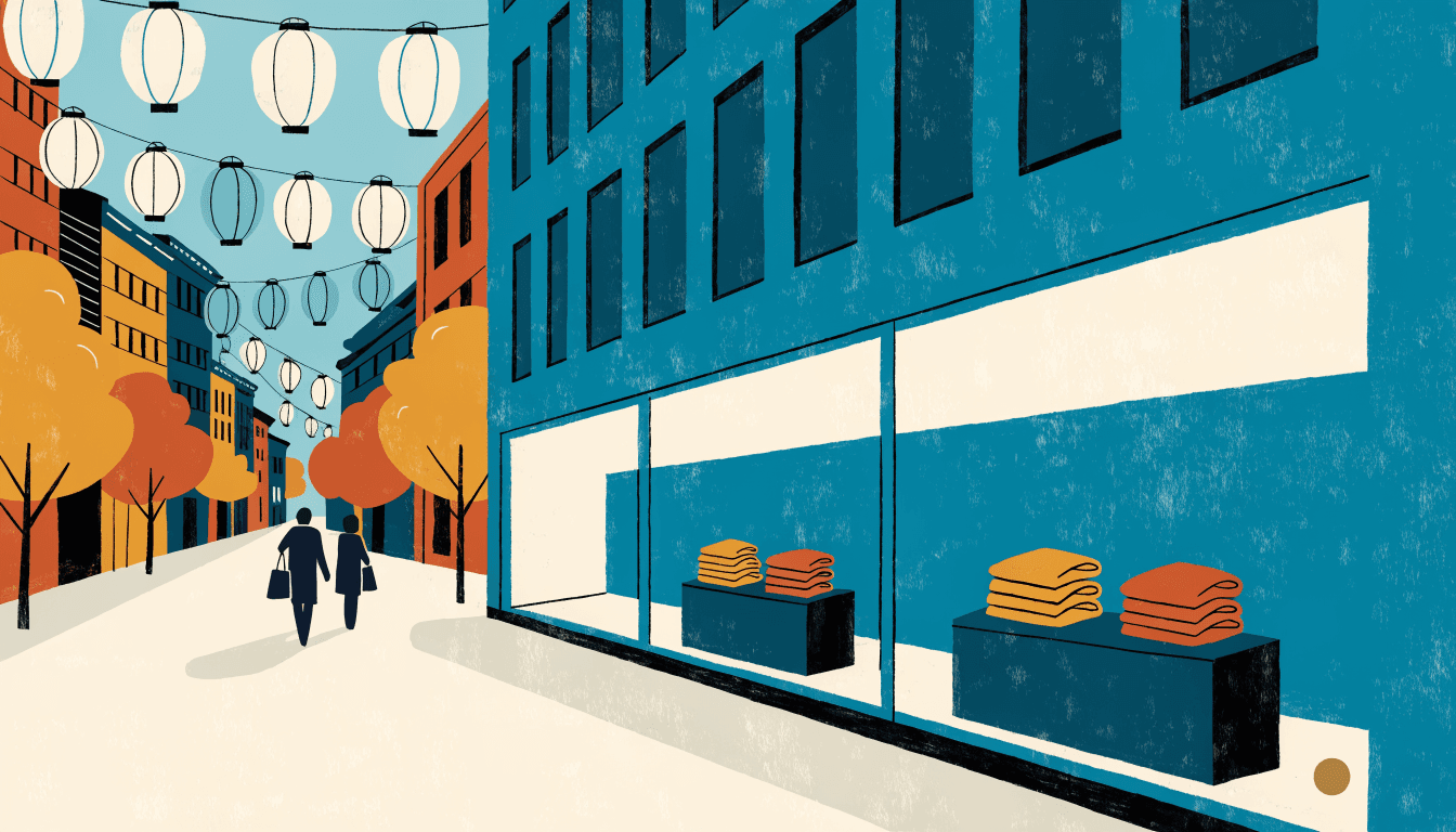 An editorial illustration of a tree-lined Kyoto shopping street at dusk, paper lanterns strung overhead, a glass storefront with folded knitwear on display and two silhouetted shoppers walking past, warm cream and petrol-teal tones, no text or logos.