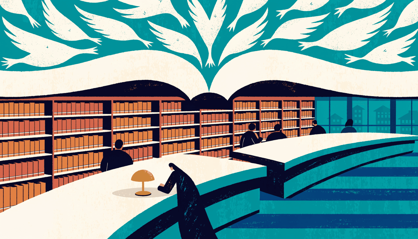 Editorial illustration of an open book with pages turning into birds above a university library reading room, with soft lamplight and rows of bookshelves in the background.