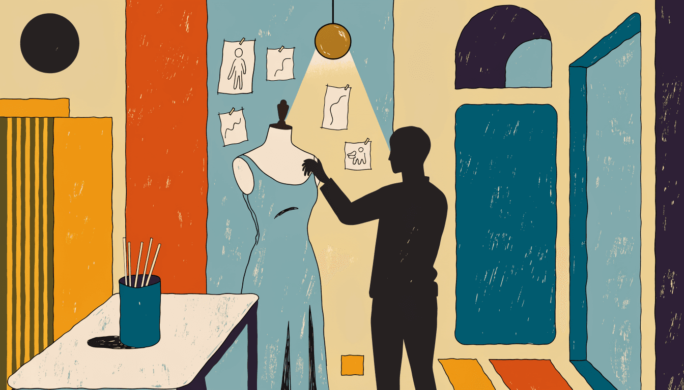 Editorial illustration of a minimalist design studio with a single spotlit garment on a mannequin, sketches pinned to a wall behind, and a silhouette figure adjusting the fabric.