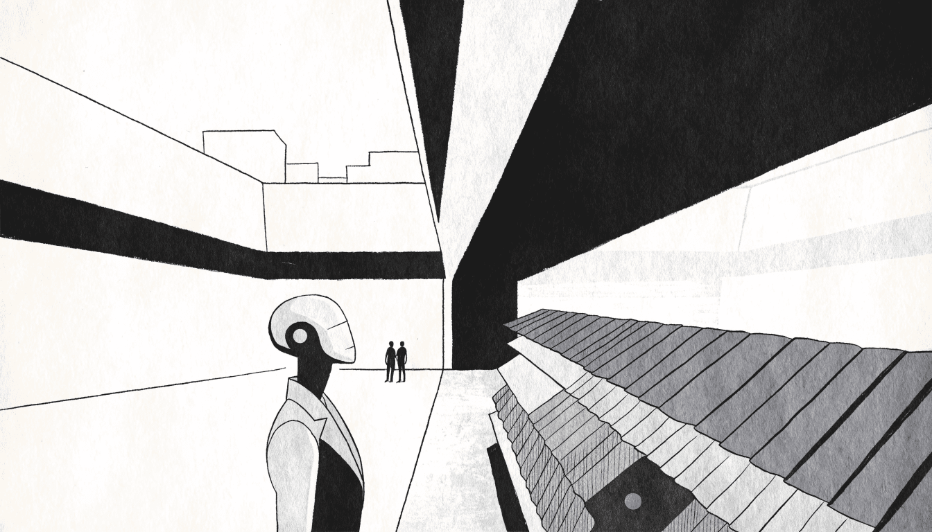 Editorial illustration of a light-grey humanoid robot fitted with a tailored jacket and scarf on a retail floor.