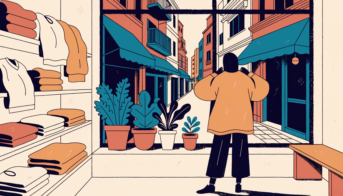 Illustration of a loungewear boutique corner overlooking a sunlit shopping street