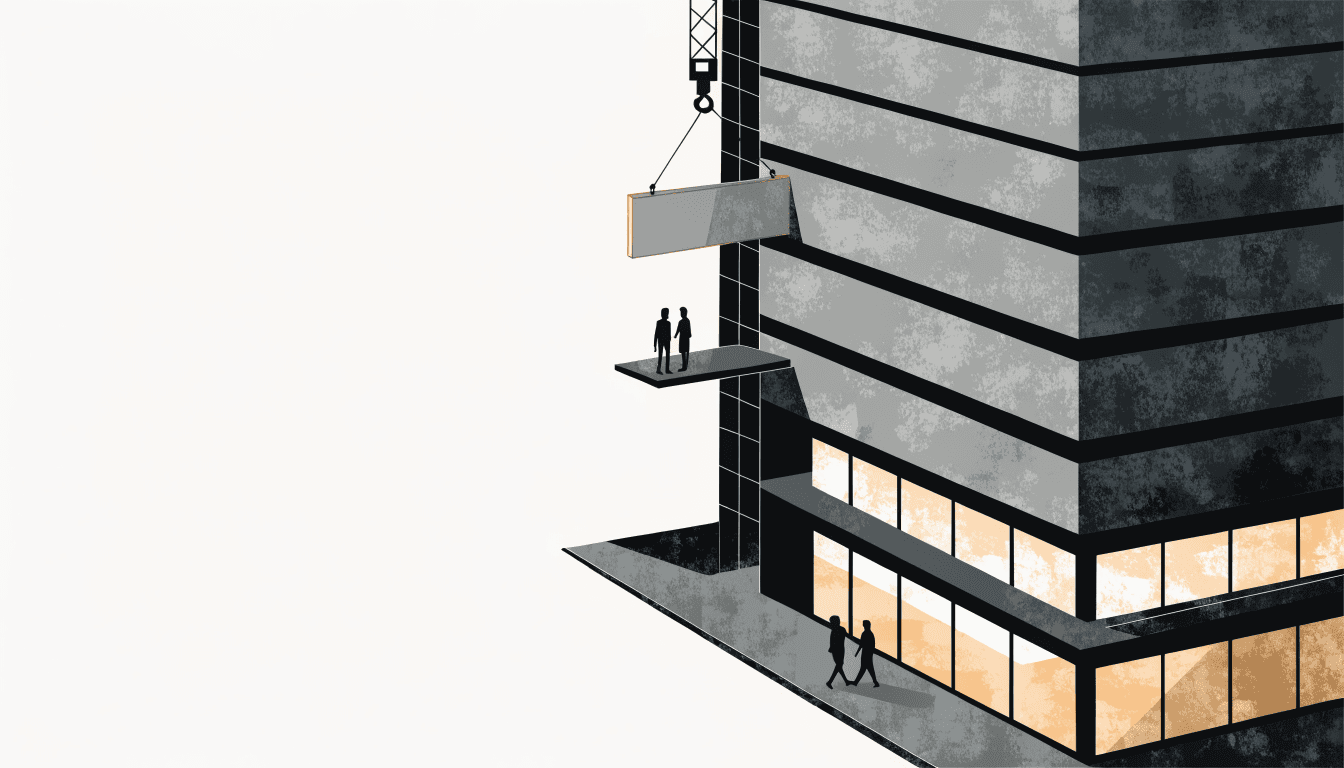 The exterior of an office building at dusk, a plain unmarked signboard being lifted into place above the entrance by two silhouette workers, warm light spilling from the lobby below