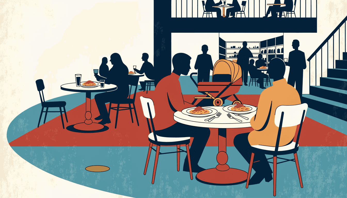Illustration of a family-friendly Italian restaurant floor in a department store, with a kids' play corner