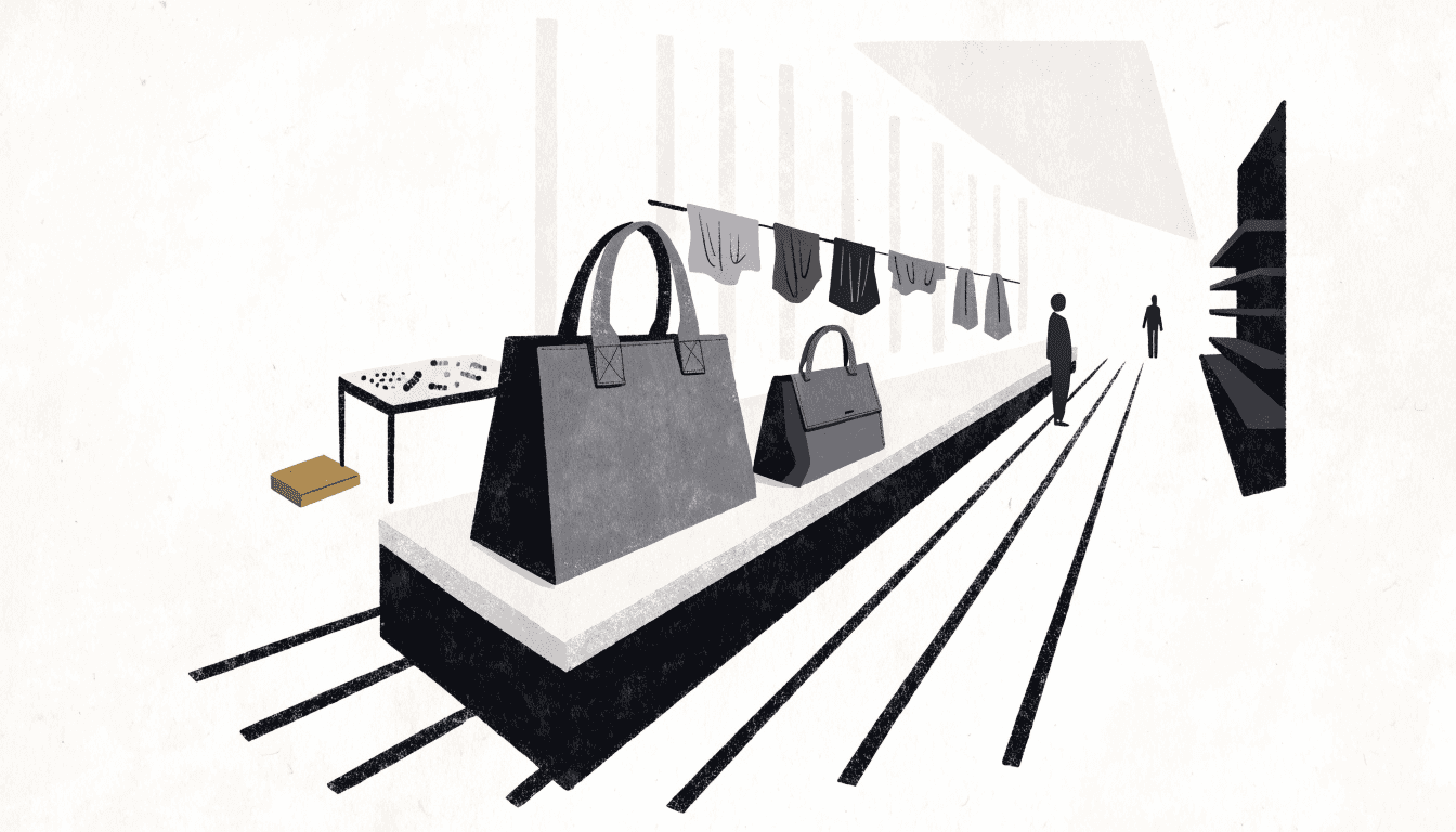 Editorial illustration of a pop-up space with two handbags on a long plinth, a rail of knitwear and a craft table, with two silhouetted figures.