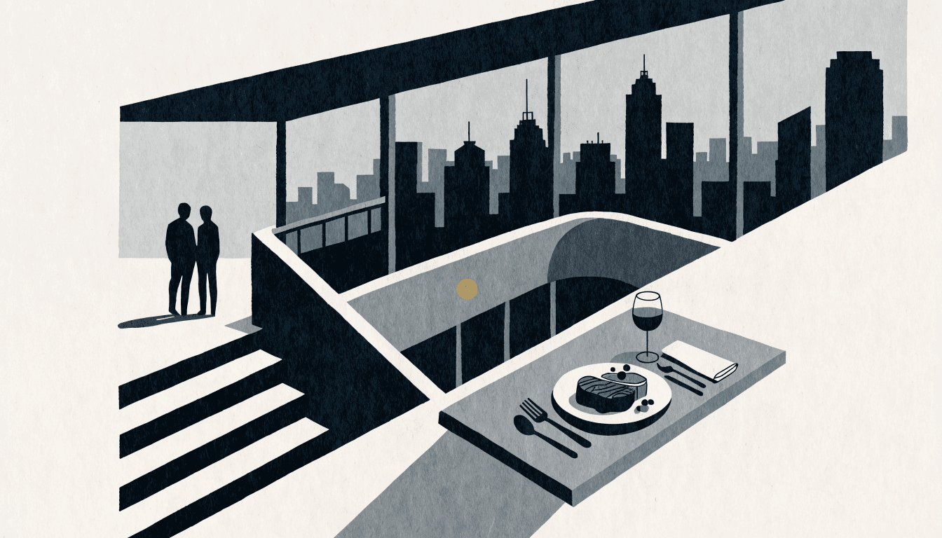 Illustration of a high-floor steakhouse dining room at dusk, a plated steak course and wine glass on a table in the foreground, a city skyline visible through floor-to-ceiling windows.