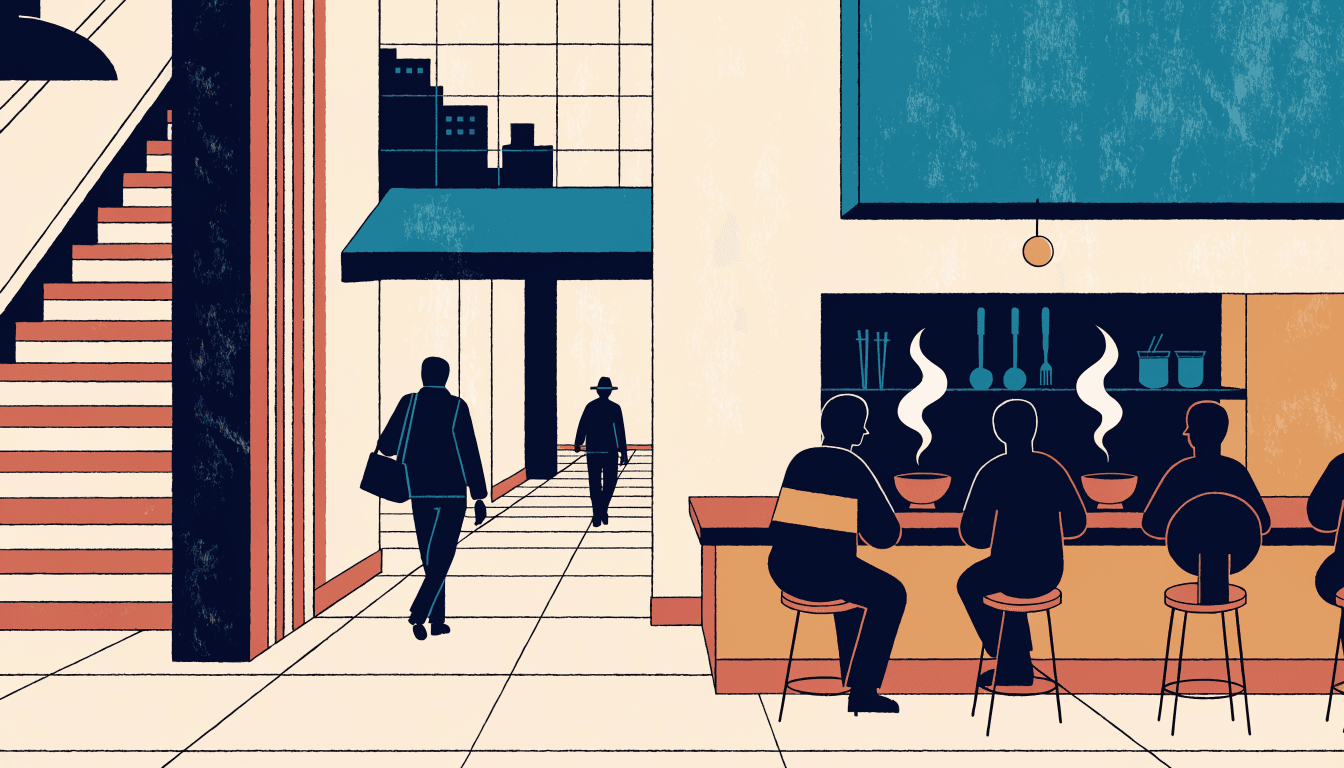 Illustration of diners at a small ramen counter on a department store's basement dining floor
