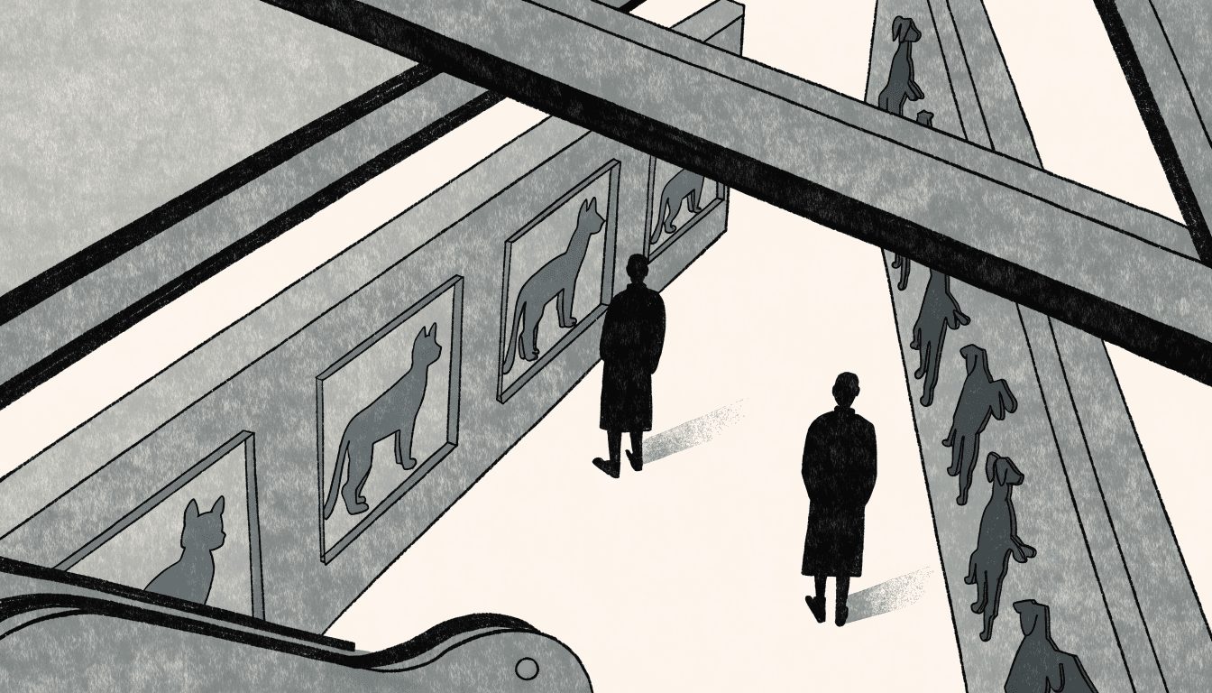 Editorial illustration of a department-store gallery floor where two silhouetted visitors browse facing walls hung with cat and flat-faced-dog artworks.