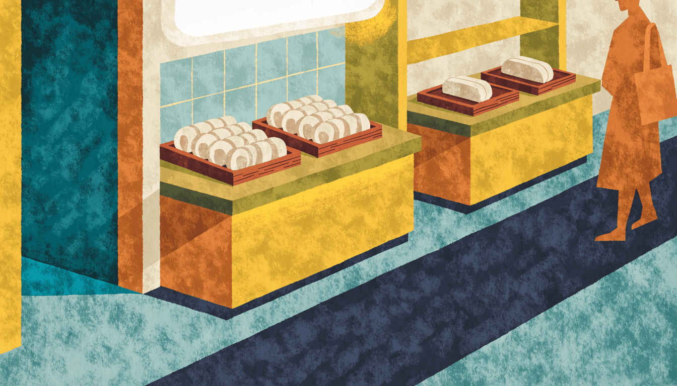 Flat editorial illustration of a basement food-stage counter with wrapped yuba rolls on wooden trays and a passing shopper.