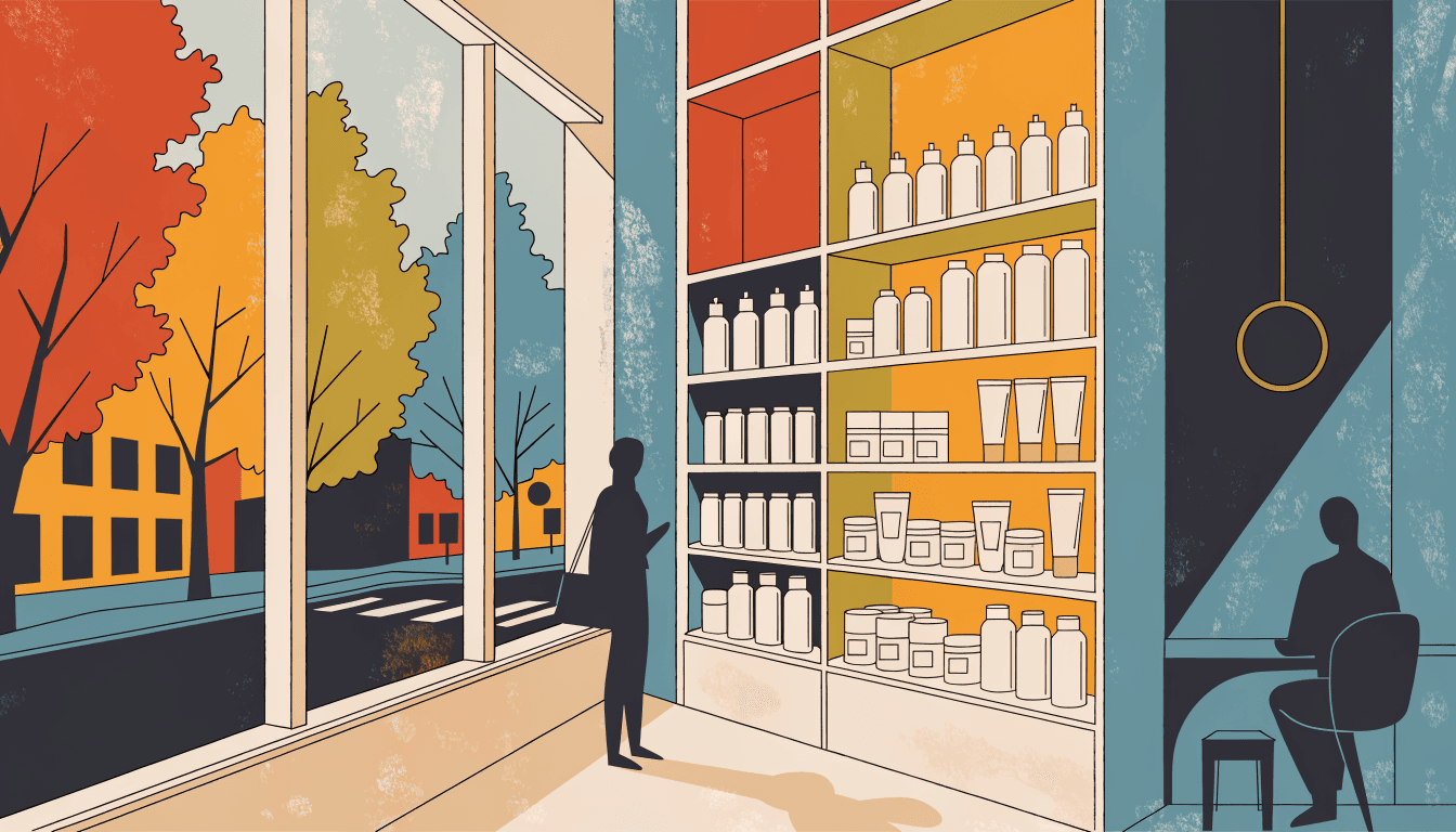 A minimalist pop-up retail interior in Omotesando with clean white shelving displaying skincare bottles and jars, soft natural light through large windows, a dermatology-clinic-meets-boutique aesthetic, warm neutral tones.