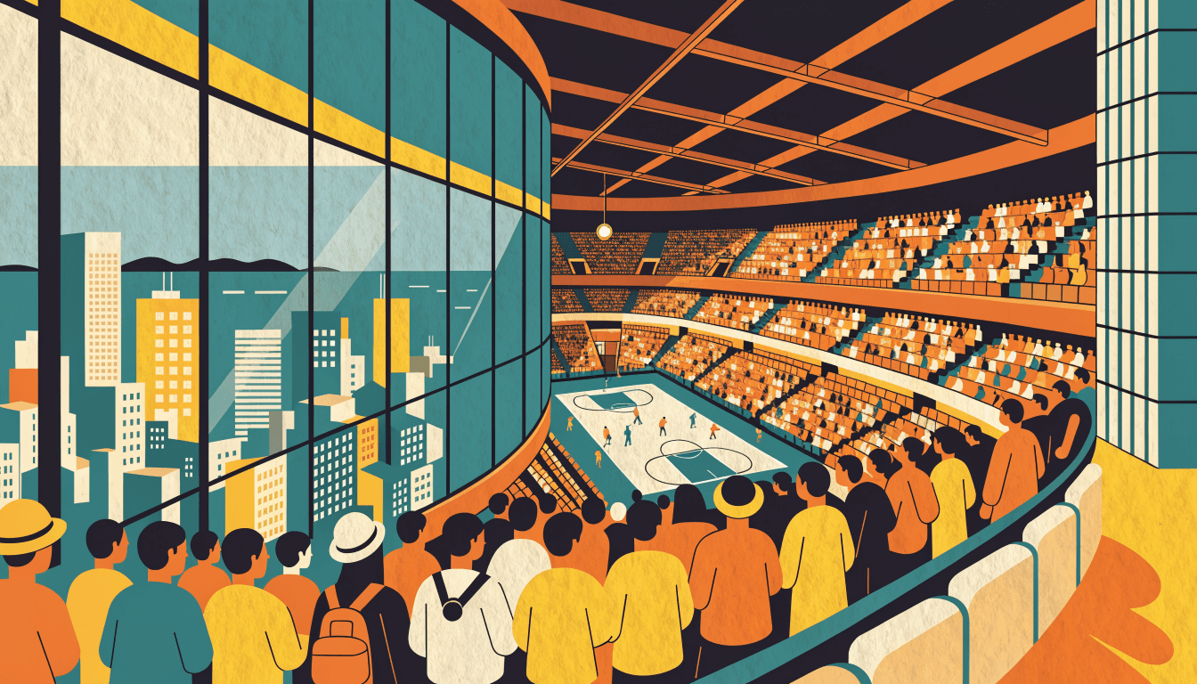 Illustration: fans fill the upper tiers of a modern basketball arena on game day, with a bay-side city skyline through the glass.