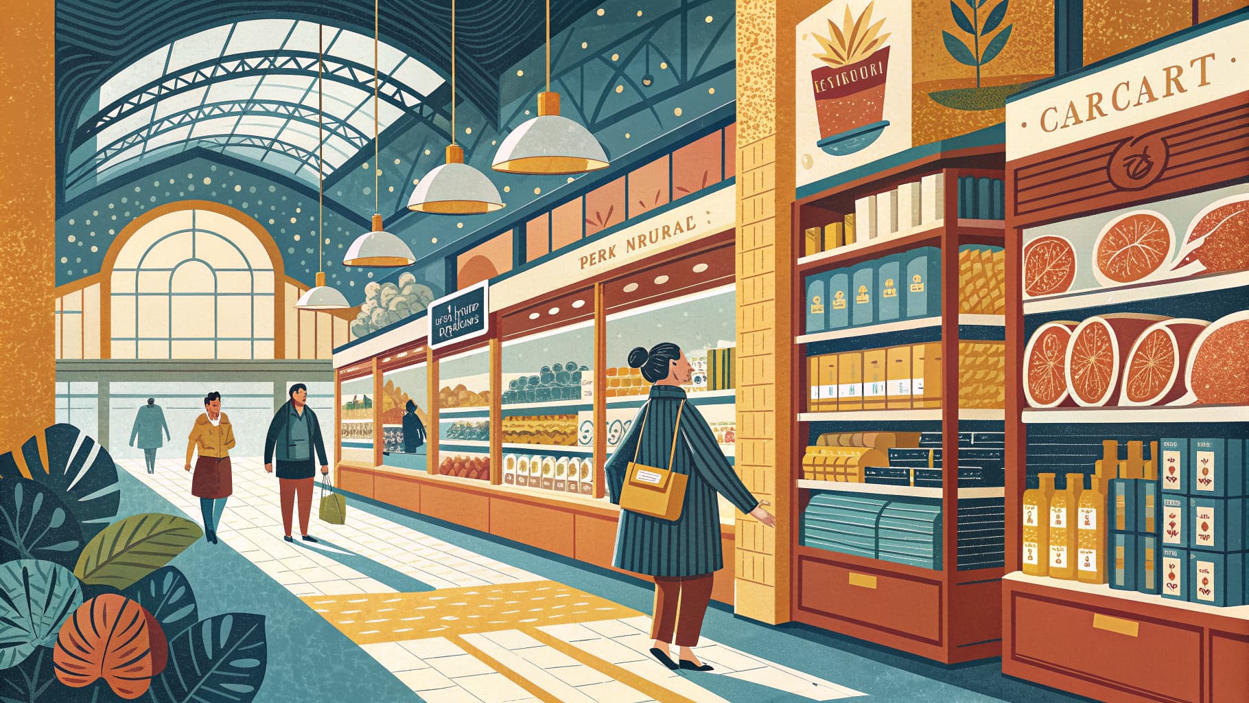 Editorial illustration — a minimalist grocery shelf with dried seaweed packaging under cool white lighting in a large-format food hall.