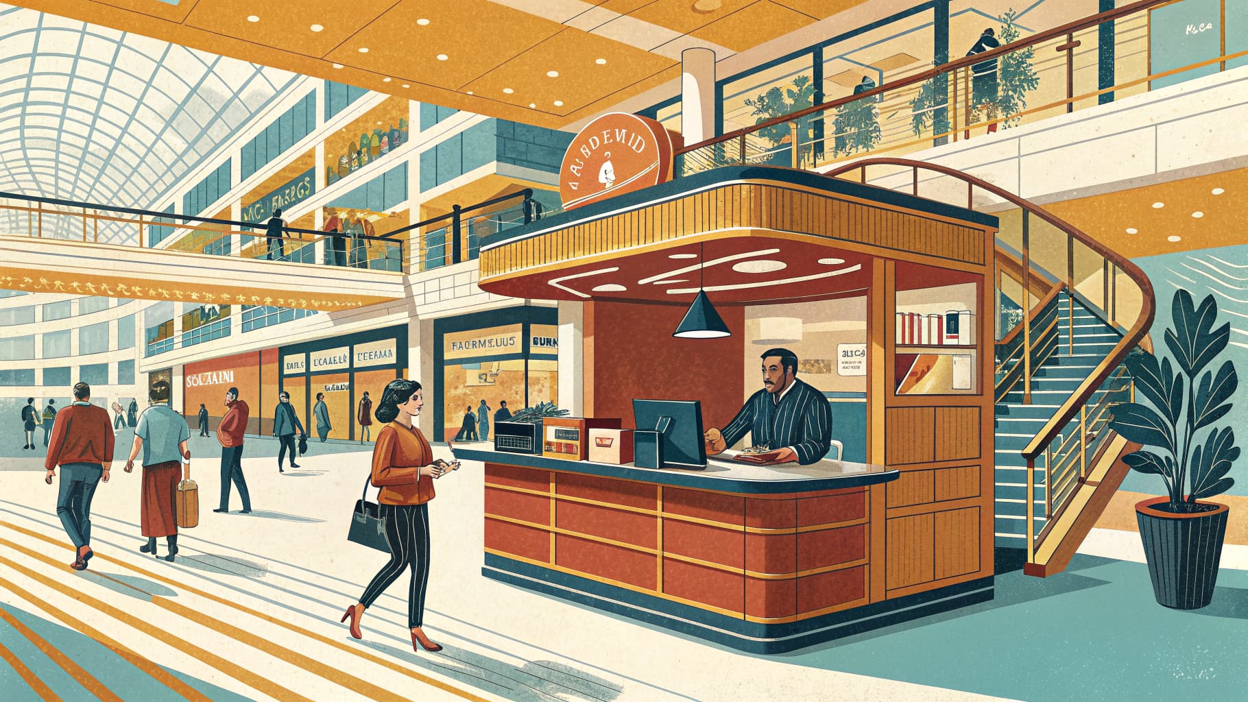 Editorial illustration — a compact renovation consultation desk inside a multi-storey urban shopping centre, viewed from a wide-angle perspective showing polished floors and neutral signage.