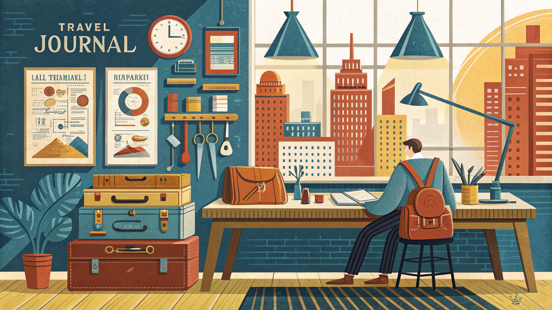 Editorial illustration — a quiet leather workshop interior with tools and material swatches on a wooden bench, natural side lighting.