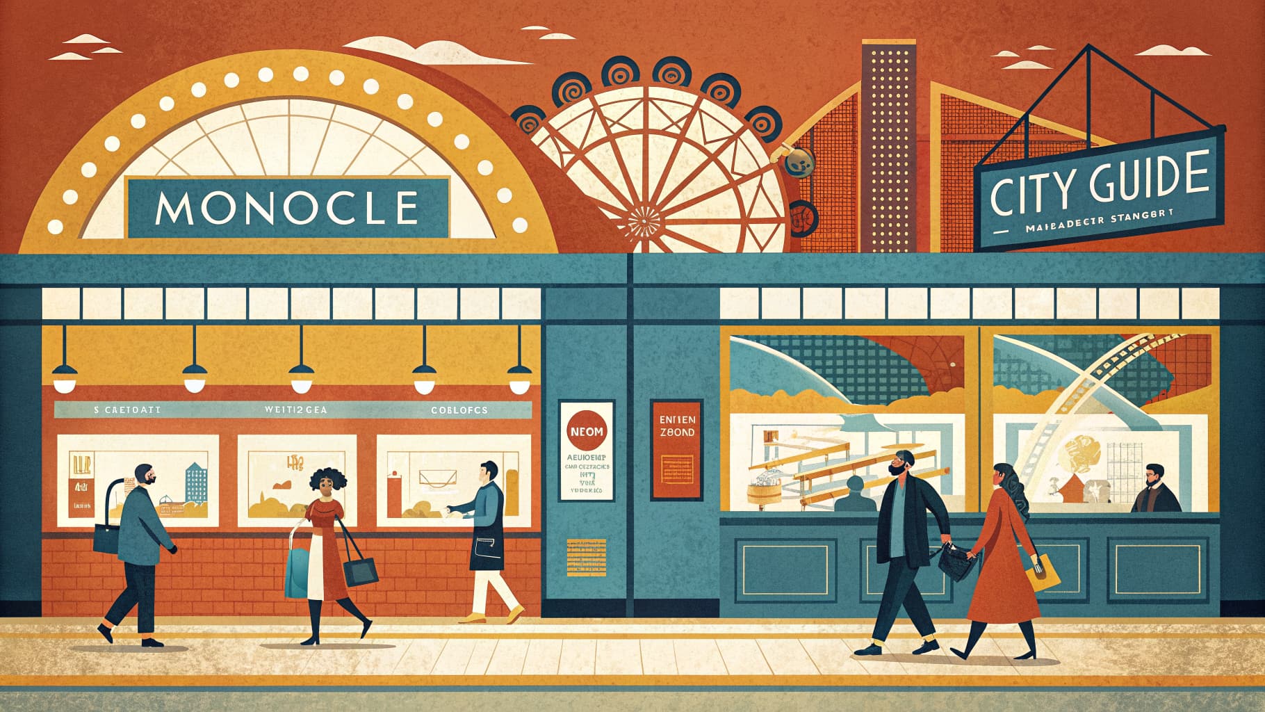 Editorial illustration — an underground retail concourse with softly lit display windows and a cinema-carnival themed interior.
