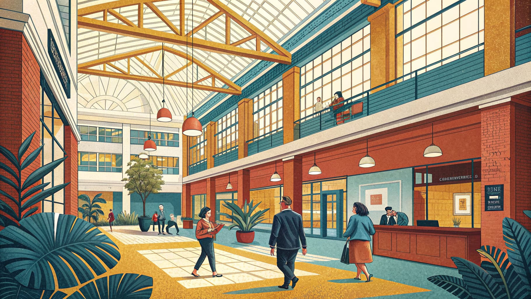 Editorial illustration — a high-ceilinged commercial atrium interior with exposed ductwork and diffused natural light through a clerestory.