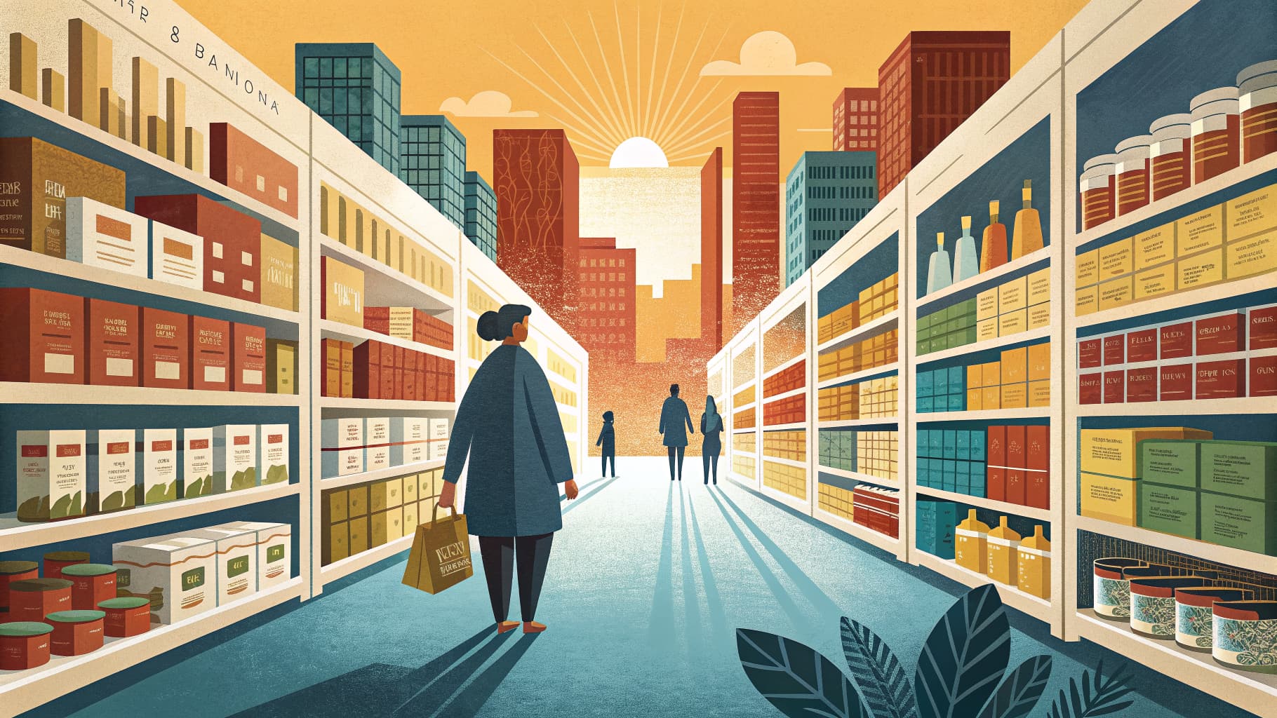 Editorial illustration — a bright retail interior with rows of small packaged goods on white shelving, shot from a low angle toward a skylight.