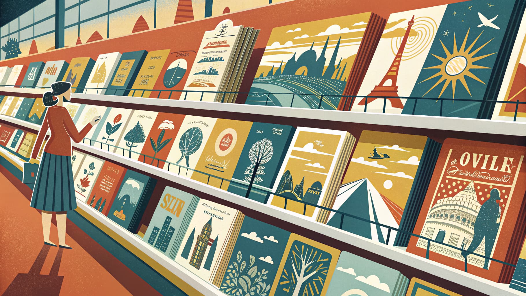 Editorial illustration — rows of collectible card packs arranged on minimalist retail shelving under warm overhead lighting.