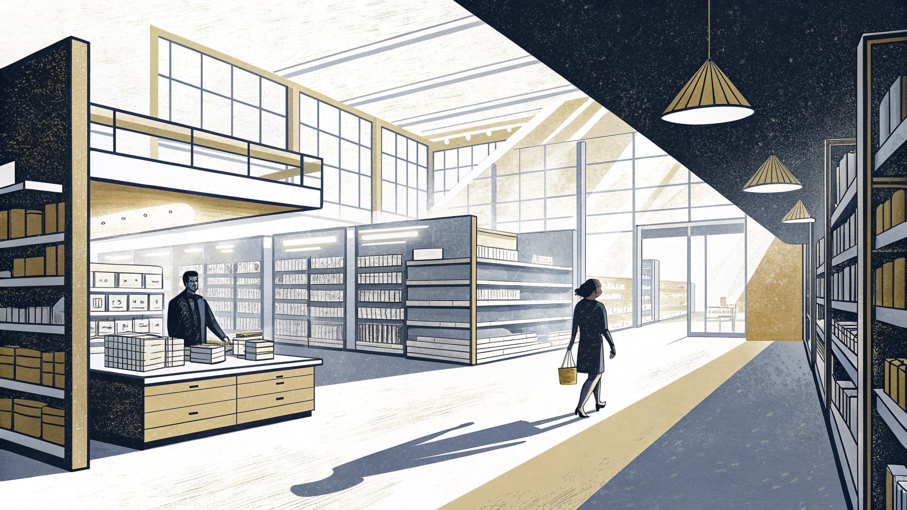 Editorial illustration — a pastel-toned variety store interior with low shelving units and soft diffused lighting.