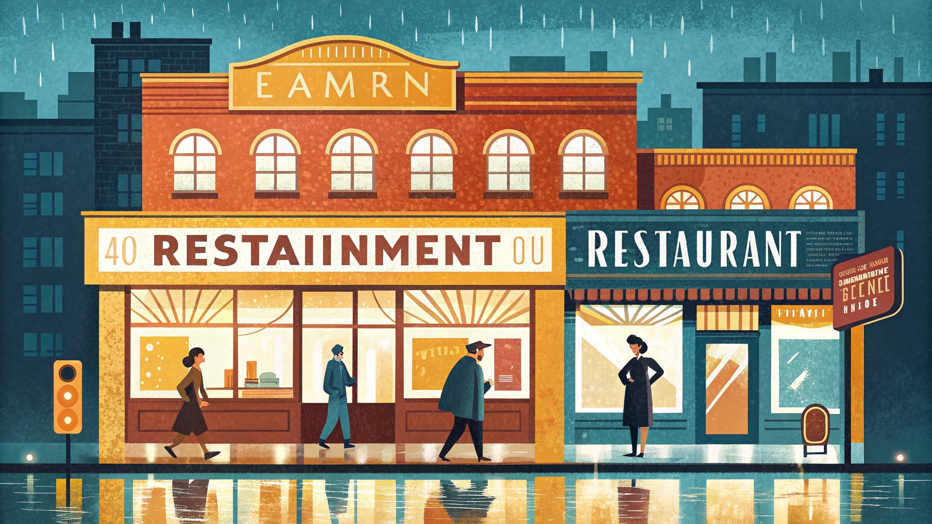 Editorial illustration — an entertainment-district restaurant facade at dusk with illuminated signage reflected on wet pavement.