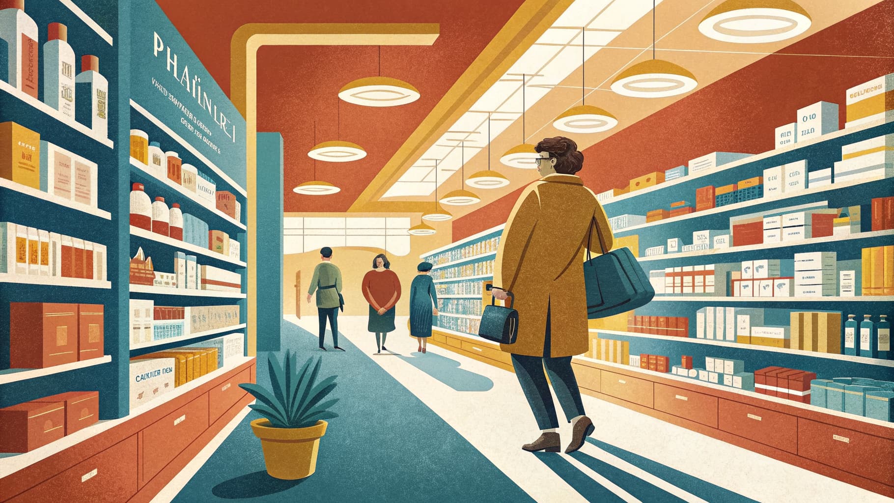 Editorial illustration — a minimalist pharmacy retail aisle with white shelving and soft overhead lighting.