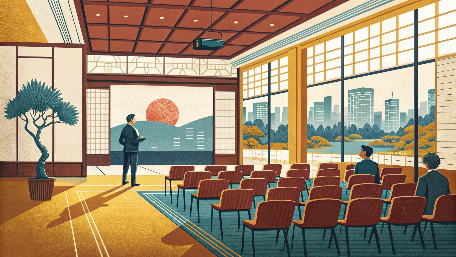 Editorial illustration — a quiet conference room in a modern Japanese office building, rows of empty chairs facing a presentation screen, late-afternoon light through shoji-style blinds.