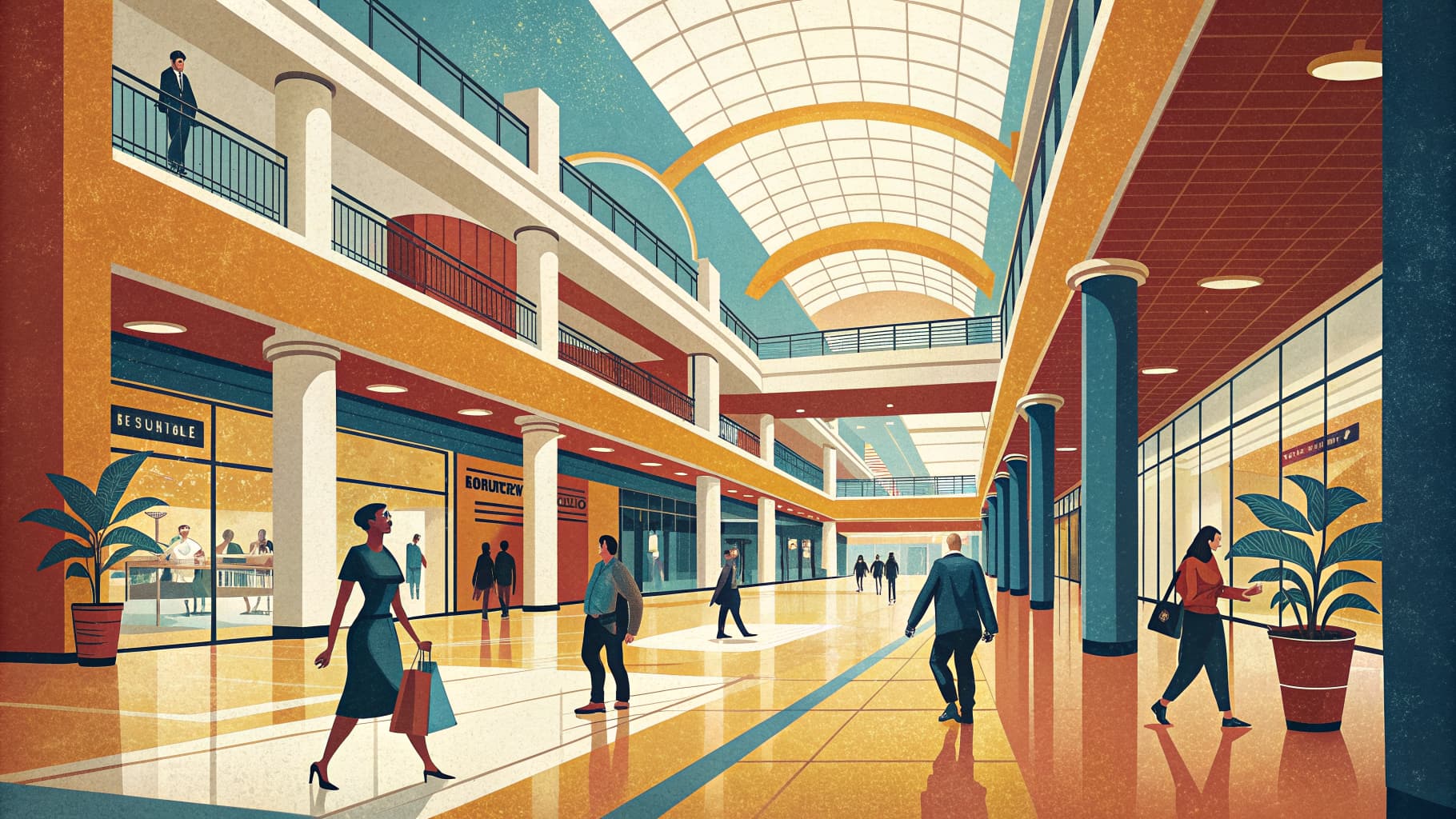 Editorial illustration — a wide, light-filled shopping-centre atrium with polished floors and minimalist interior columns.