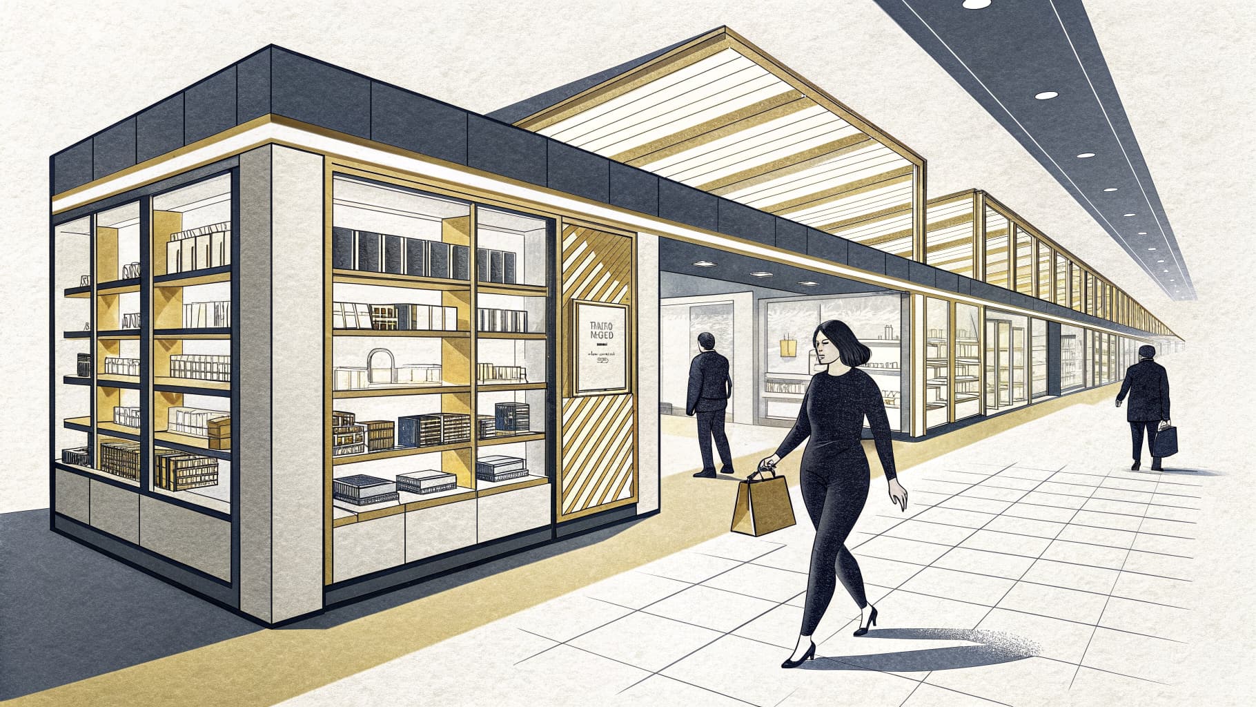 Editorial illustration — a compact station retail corridor with modular display shelving under warm accent lighting.