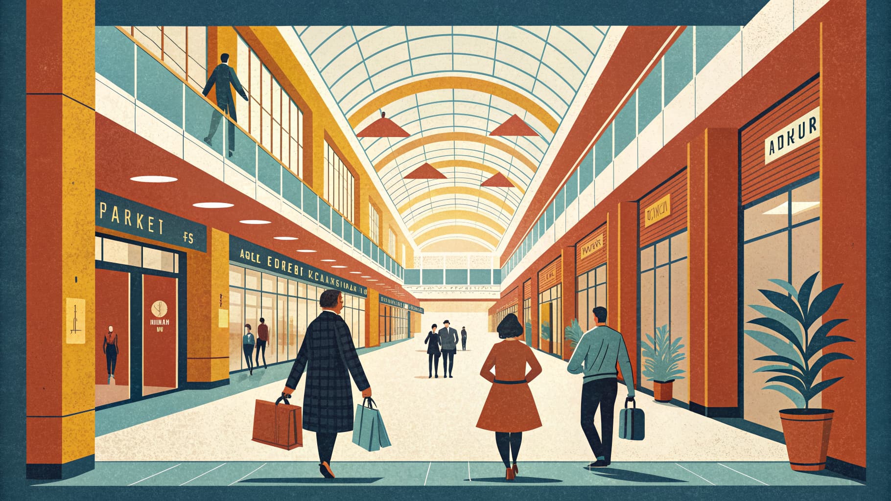 Editorial illustration — a long corridor of an empty multi-storey commercial building interior, with floor-to-ceiling glazing casting soft natural light across polished concrete floors.