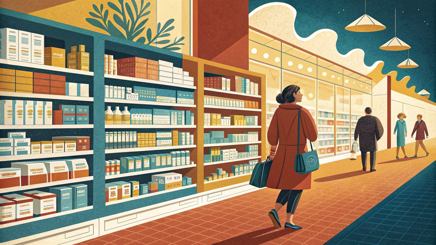 Editorial illustration — a pharmacy retail aisle with soft lighting, displaying rows of health supplement products in pastel packaging on white shelving.